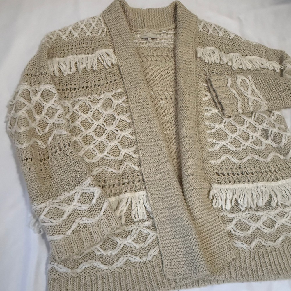 Lucky Brand Open Front Fringe Knit Cardigan Sweater Beige XL - Picture 8 of 15